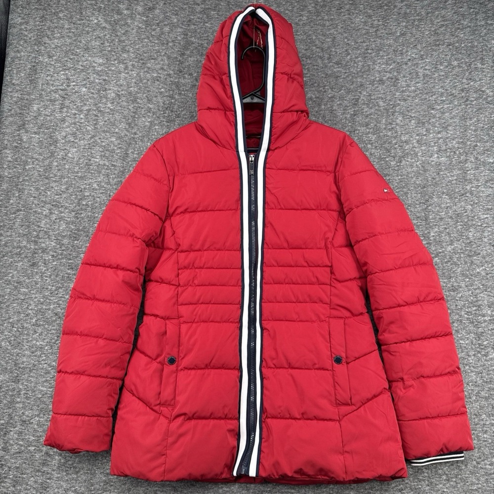Tommy Hilfiger Womens Red Puffer Jacket Size M Hooded Zip Up Striped Trim Coat